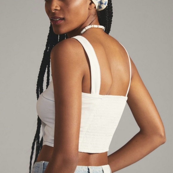 Maeve Anthropologie White Button-Up Crop Top elastic back sz M - Picture 2 of 5